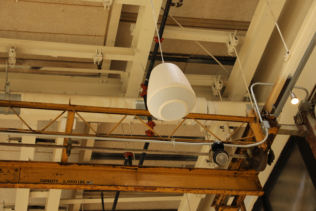 Audio system suspended from ceiling